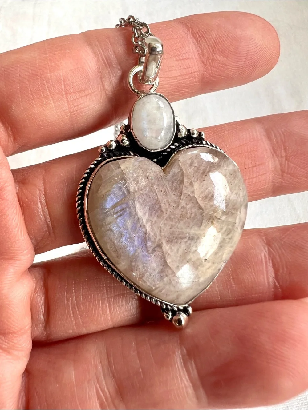 925 OMG OMG Blue Flash Peach Moonstone ❤️ Heart Pendant Necklace